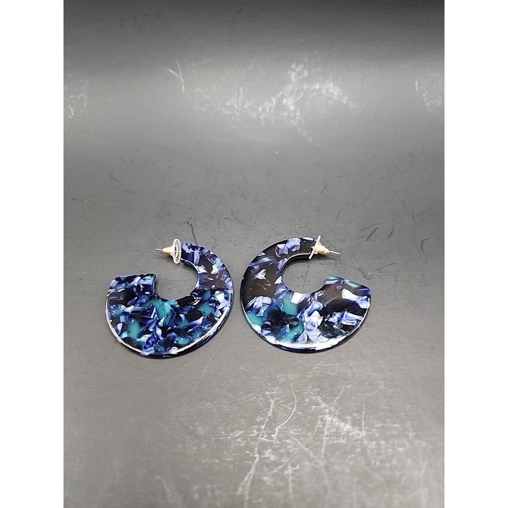2" X 1.5" Blue And White Acrylic Semi-Hoop Flat Earrings